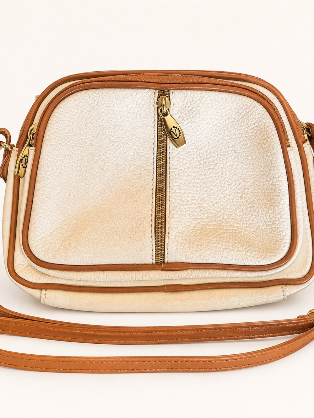 Valentina Italian Cream Leather Crossbody Bag with Tan Trim & Vertical Zipper